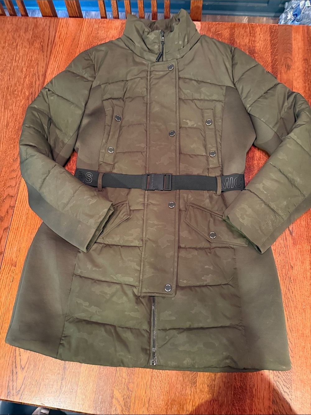 Michael Kors Olive Green Camo Quilted Belted Puffer Coat